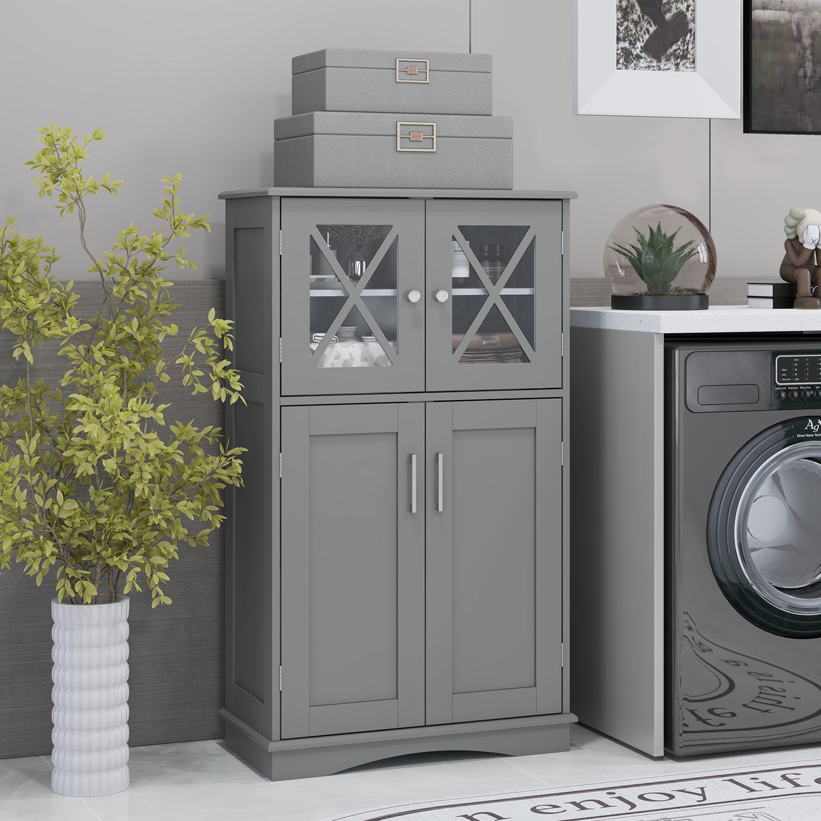 4 Door Freeestanding Bathroom Cabinet, Adjustable Shelves, Gray Floor Cabinets at Gallery Canada