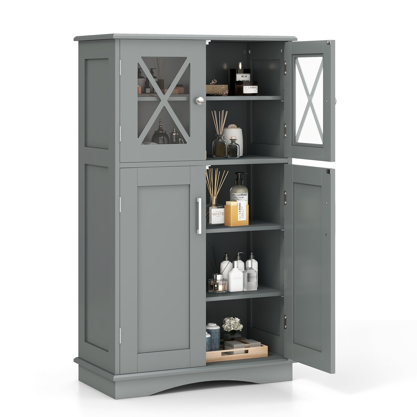 4 Door Freeestanding Bathroom Cabinet, Adjustable Shelves, Gray Floor Cabinets at Gallery Canada