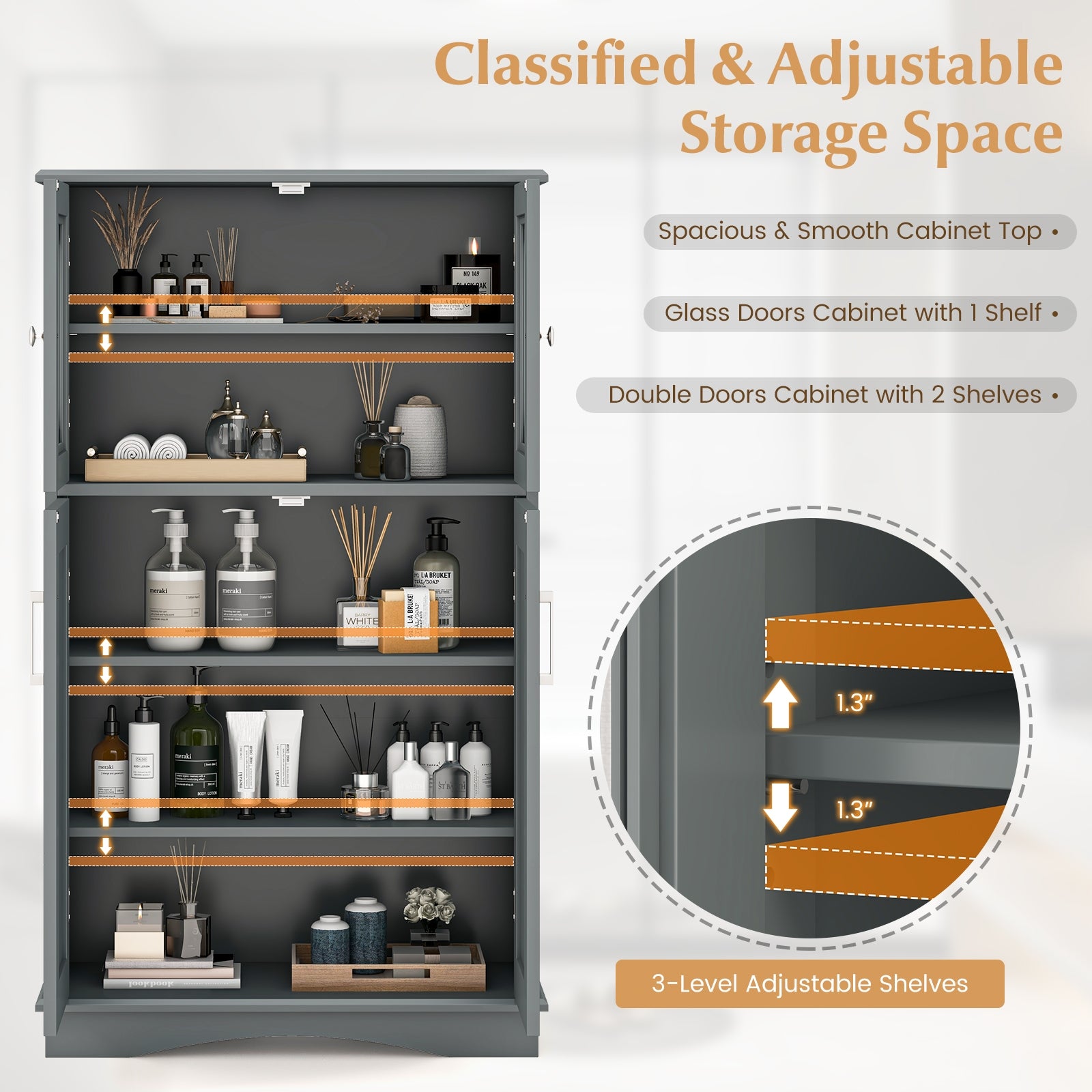 4 Door Freeestanding Bathroom Cabinet, Adjustable Shelves, Gray Floor Cabinets at Gallery Canada