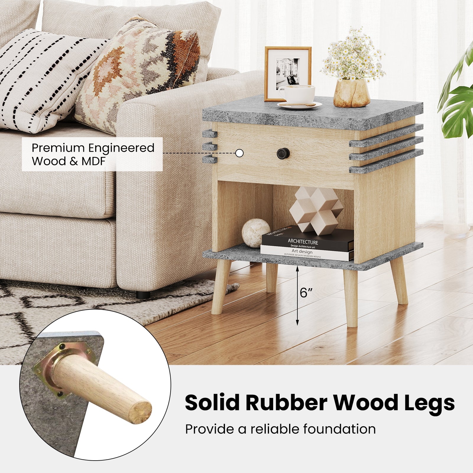 3-Tier Bedside Table, Antique Grey Faux Marble Top, Grey Nightstands at Gallery Canada