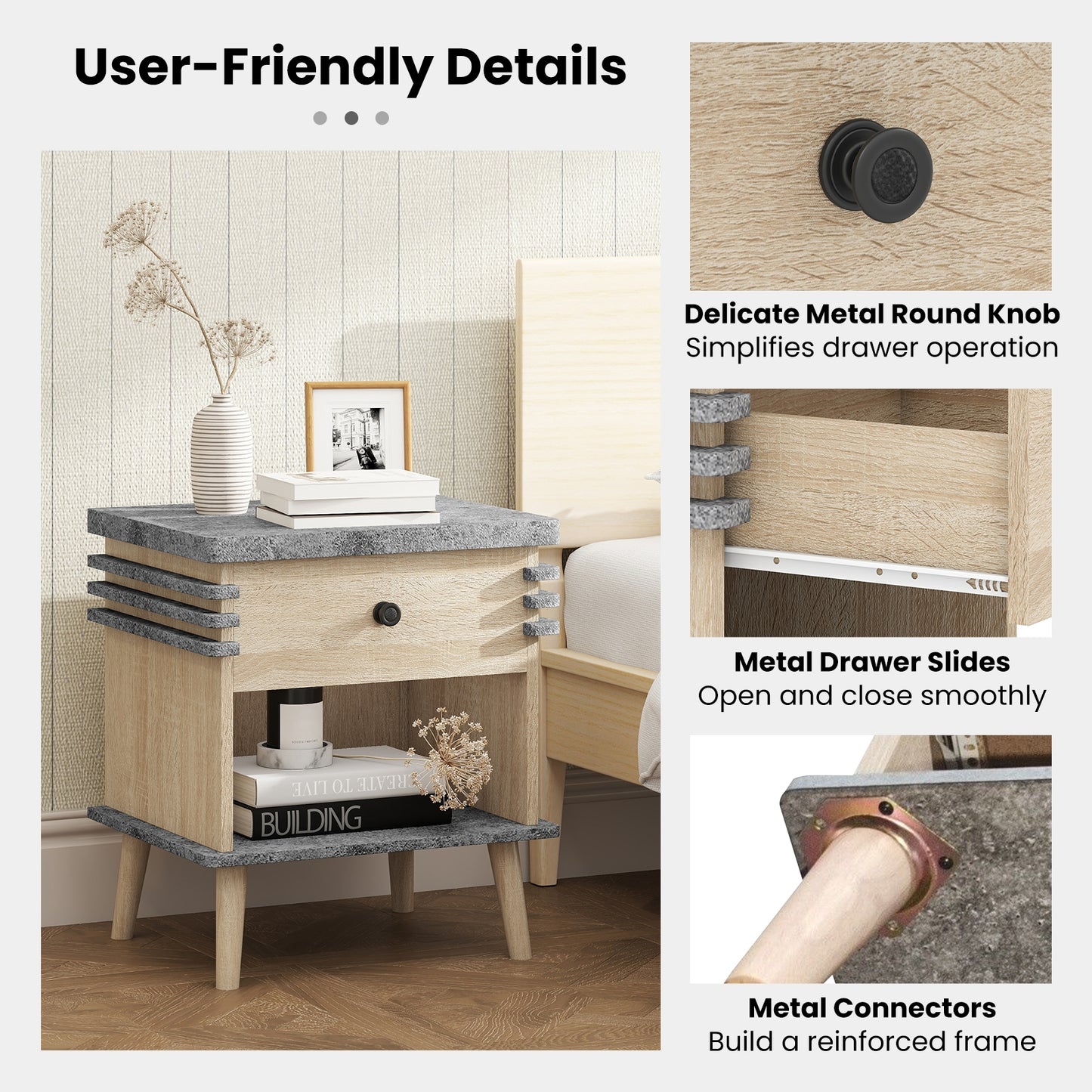 3-Tier Bedside Table, Antique Grey Faux Marble Top, Grey Nightstands at Gallery Canada