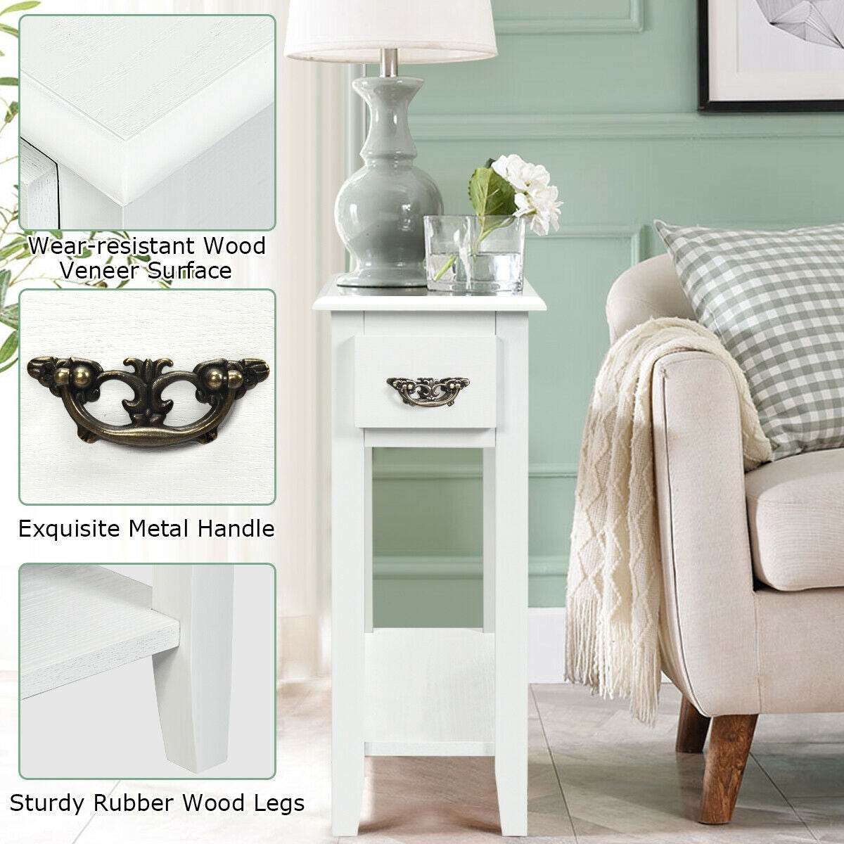 2 Tier Sofa Side End Table With Drawer, Open Shelf, White End & Side Tables at Gallery Canada