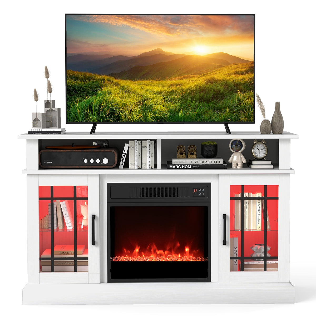 TV Stand With Electric Fireplace, LED Lights, Remote, For 40 Inch TVs, White Fireplaces White at Gallery Canada