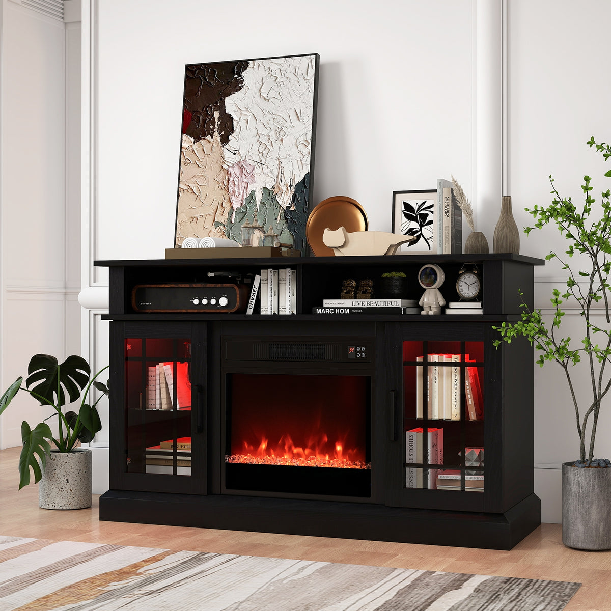TV Stand With Electric Fireplace, LED Lights, Remote, 40 Inch, Black Fireplaces at Gallery Canada