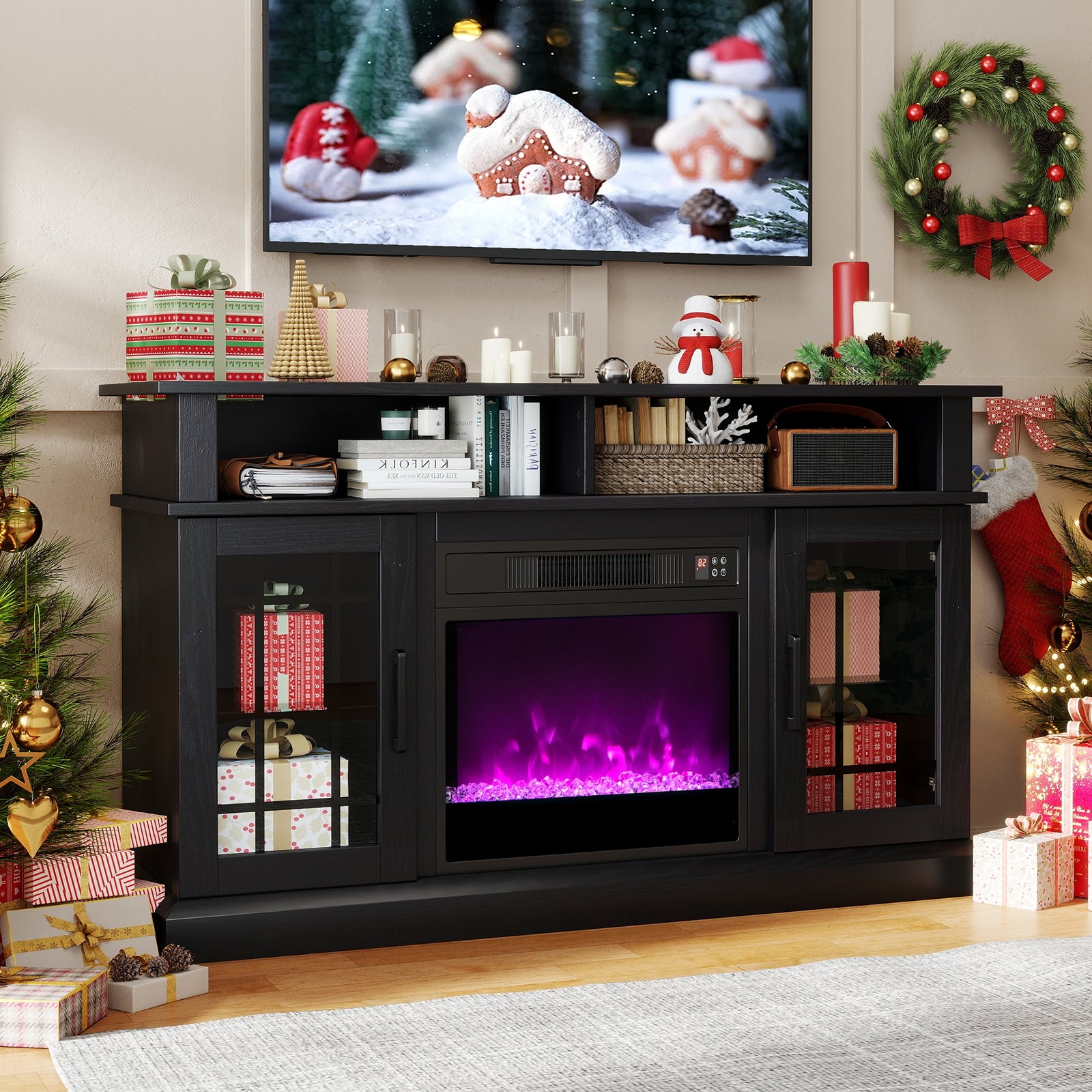 TV Stand With Electric Fireplace, LED Lights, Remote, 40 Inch, Black Fireplaces at Gallery Canada