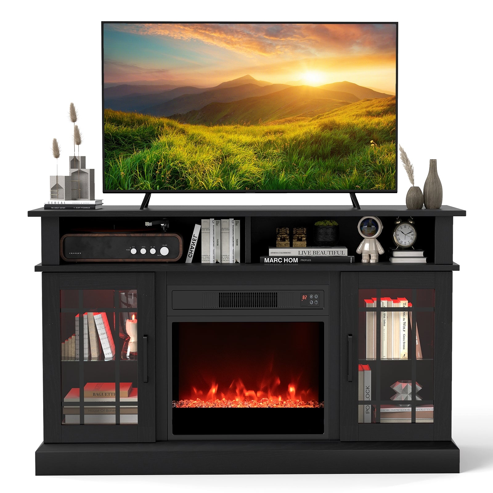 TV Stand With Electric Fireplace, LED Lights, Remote, 40 Inch, Black Fireplaces Black at Gallery Canada