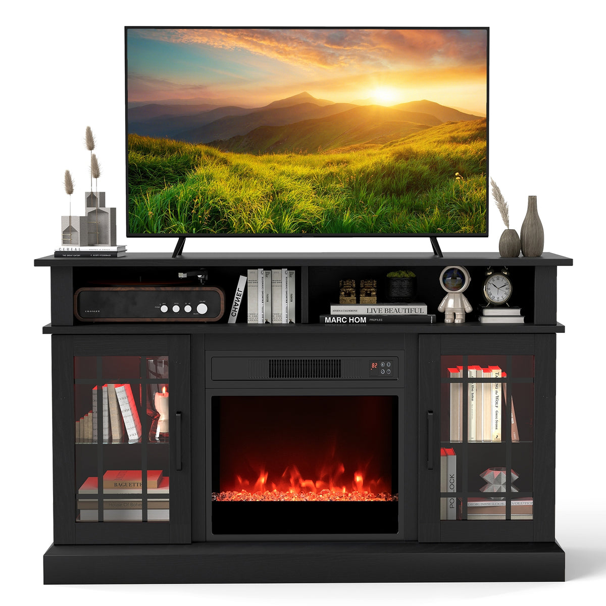 TV Stand With Electric Fireplace, LED Lights, Remote, 40 Inch, Black Fireplaces at Gallery Canada