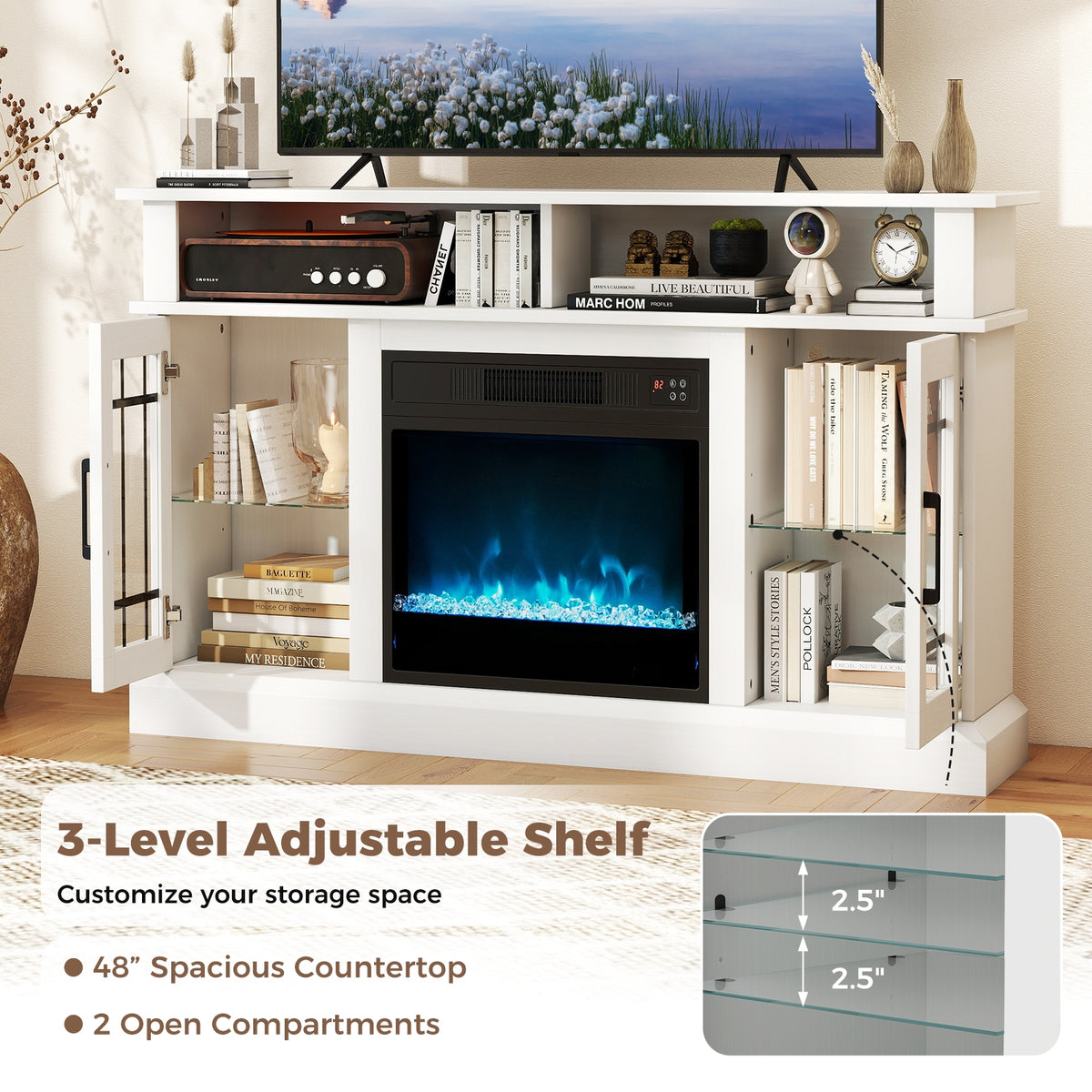 TV Stand With Electric Fireplace, LED Lights, Remote, For 40 Inch TVs, White Fireplaces at Gallery Canada