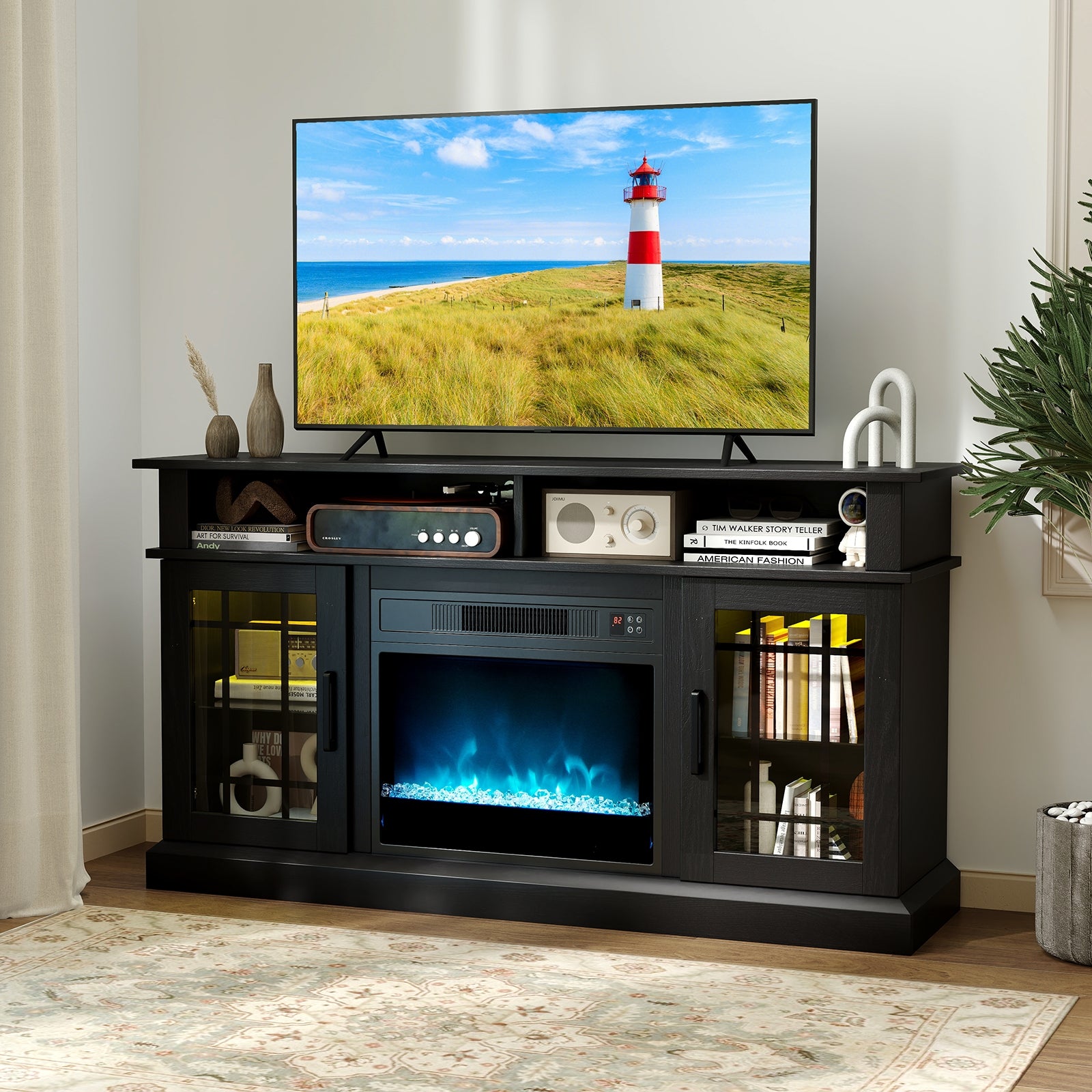 TV Stand With Electric Fireplace, LED Lights, Remote, 40 Inch, Black Fireplaces at Gallery Canada