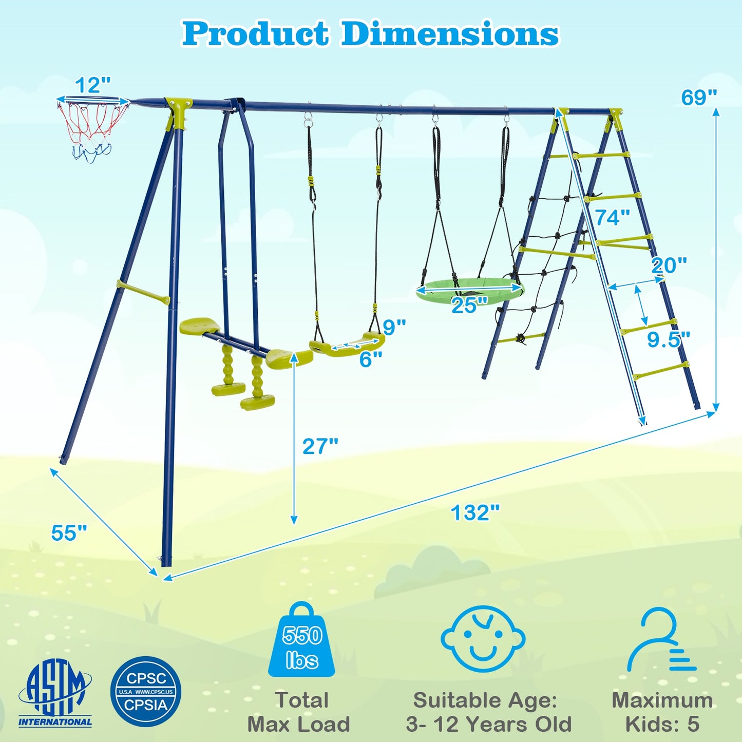 550 LBS 6-in-1 Patio Kids Swing Set, Green Swing & Playsets at Gallery Canada