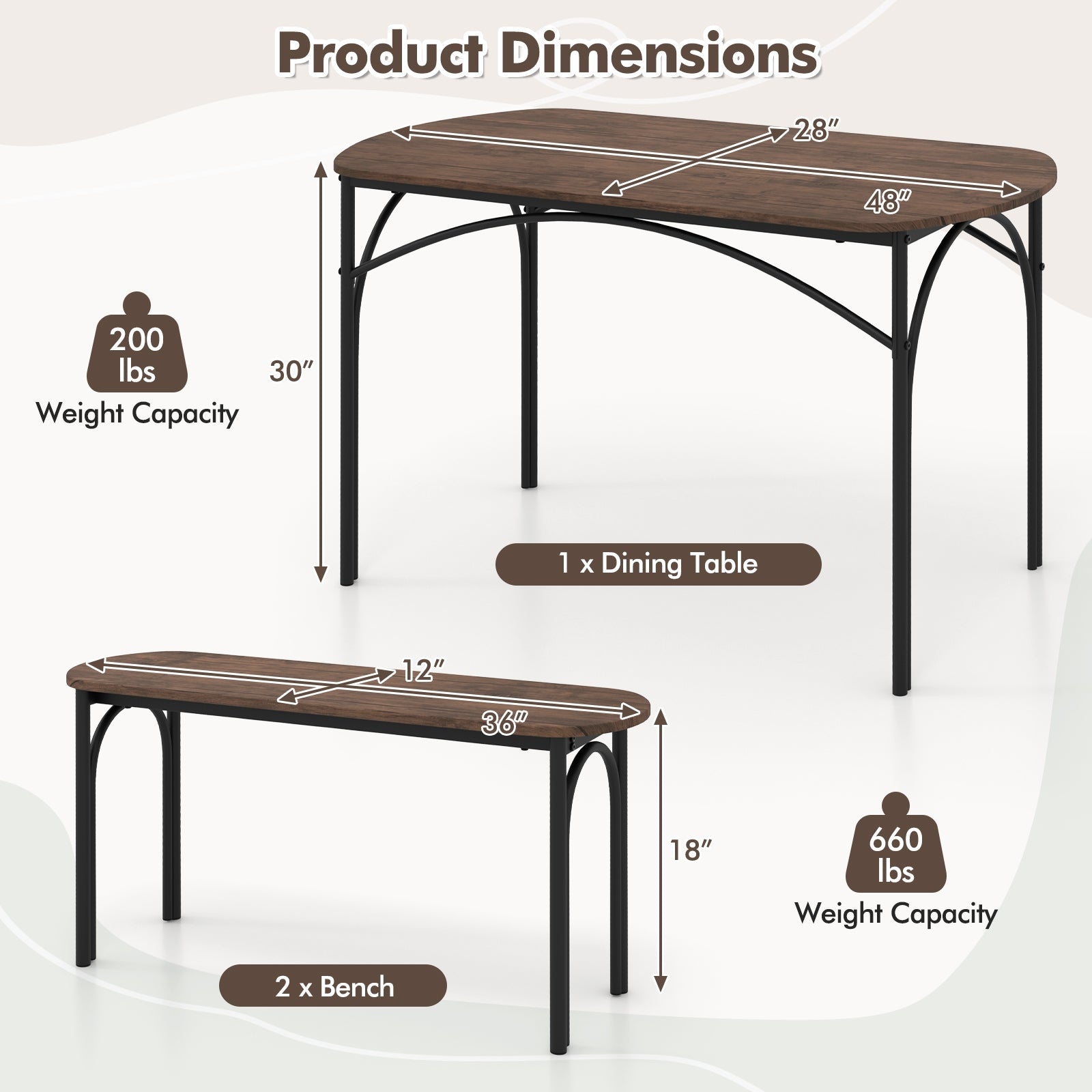3-Piece Dining Table Set For 4, Metal Frame, Brown Dining Room Sets at Gallery Canada