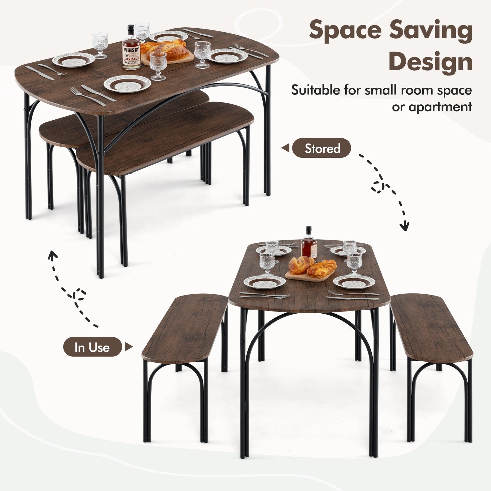 3-Piece Dining Table Set For 4, Metal Frame, Brown Dining Room Sets at Gallery Canada