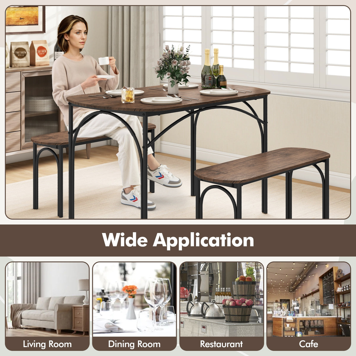 3-Piece Dining Table Set For 4, Metal Frame, Brown Dining Room Sets at Gallery Canada