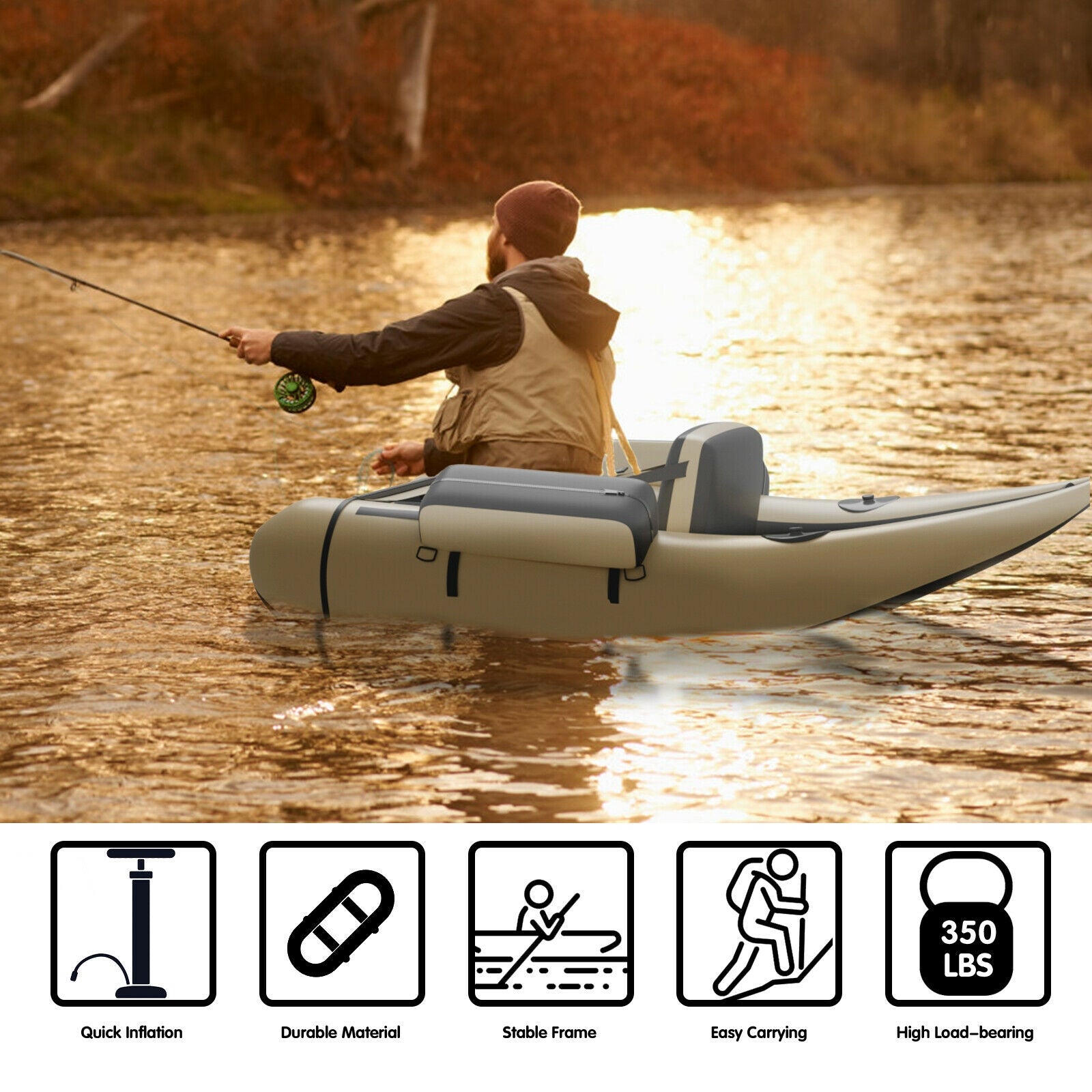 Inflatable Fishing Float Tube, With Pump Storage Pockets And Fish Ruler, Beige Surfing at Gallery Canada