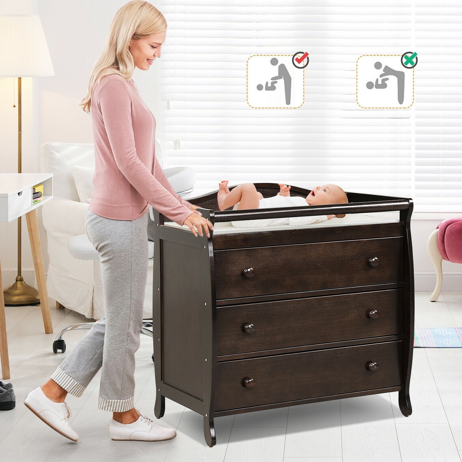 Baby Changing Table, 3 Drawers, Safety Belt, Brown Changing Tables at Gallery Canada