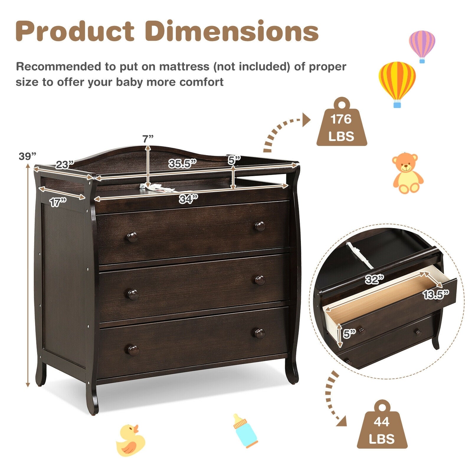 Baby Changing Table, 3 Drawers, Safety Belt, Brown Changing Tables at Gallery Canada