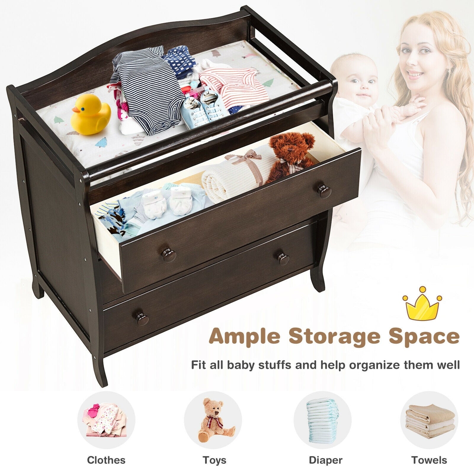 Baby Changing Table, 3 Drawers, Safety Belt, Brown Changing Tables at Gallery Canada