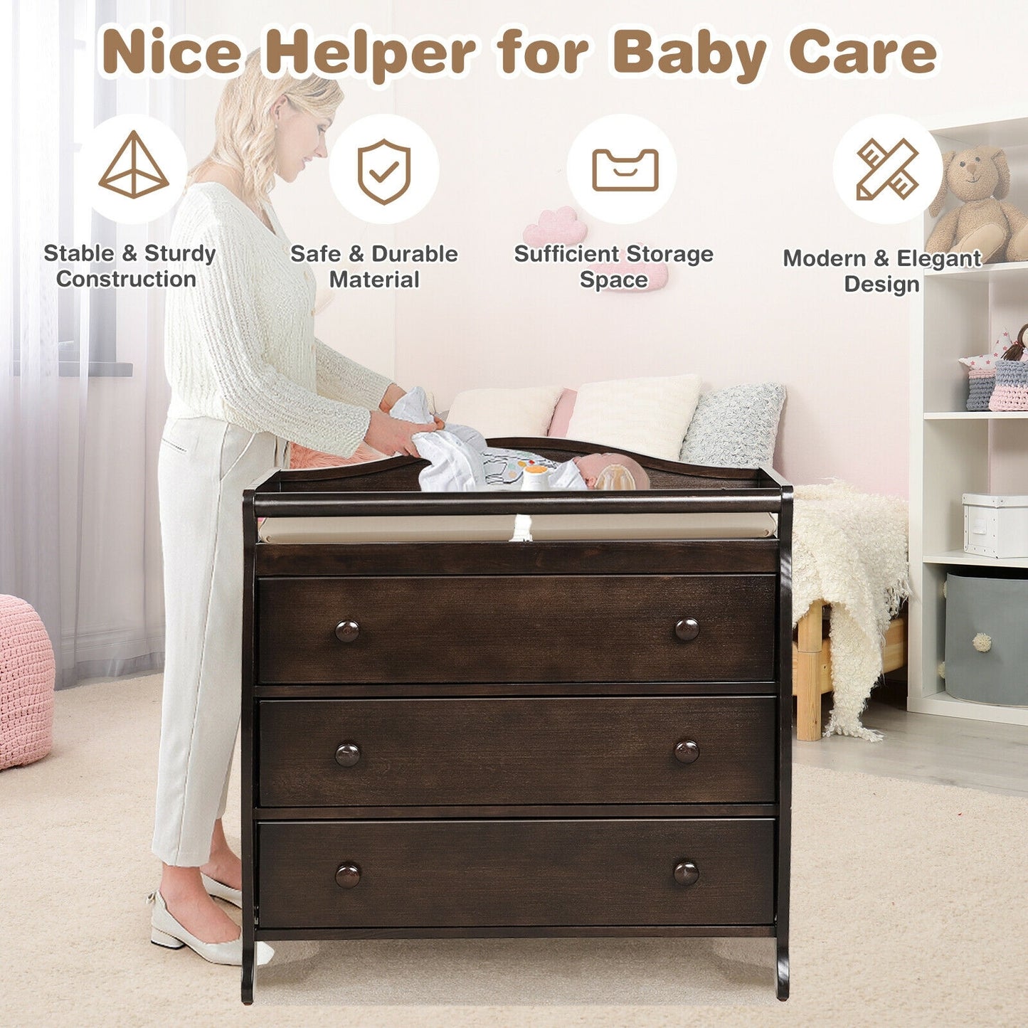 Baby Changing Table, 3 Drawers, Safety Belt, Brown Changing Tables at Gallery Canada