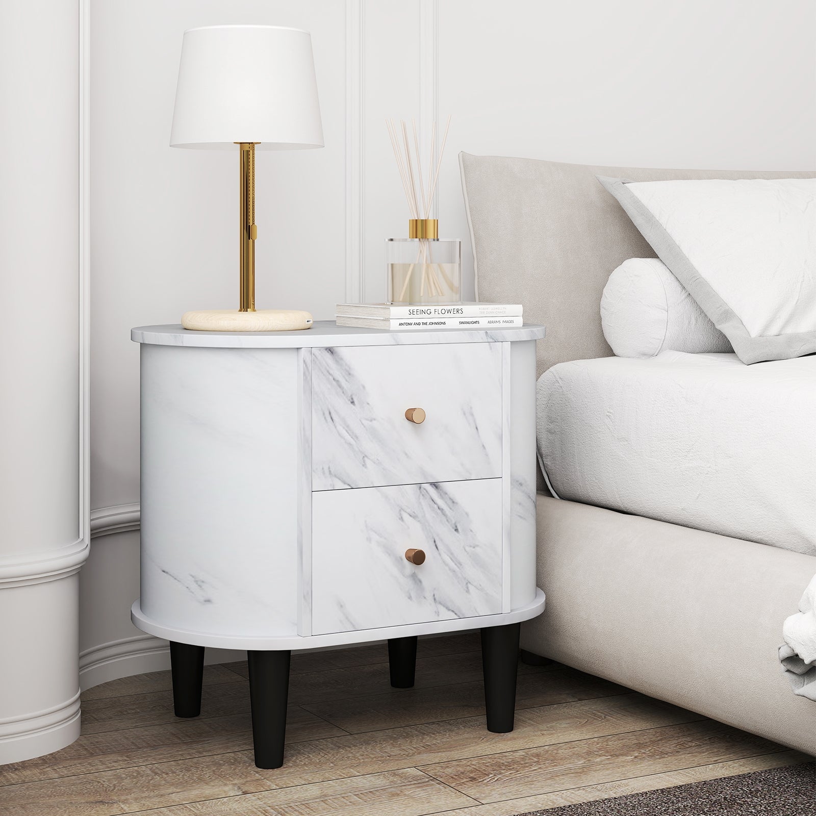 Modern Faux Marble Nightstand, 2 Drawers, White Nightstands at Gallery Canada