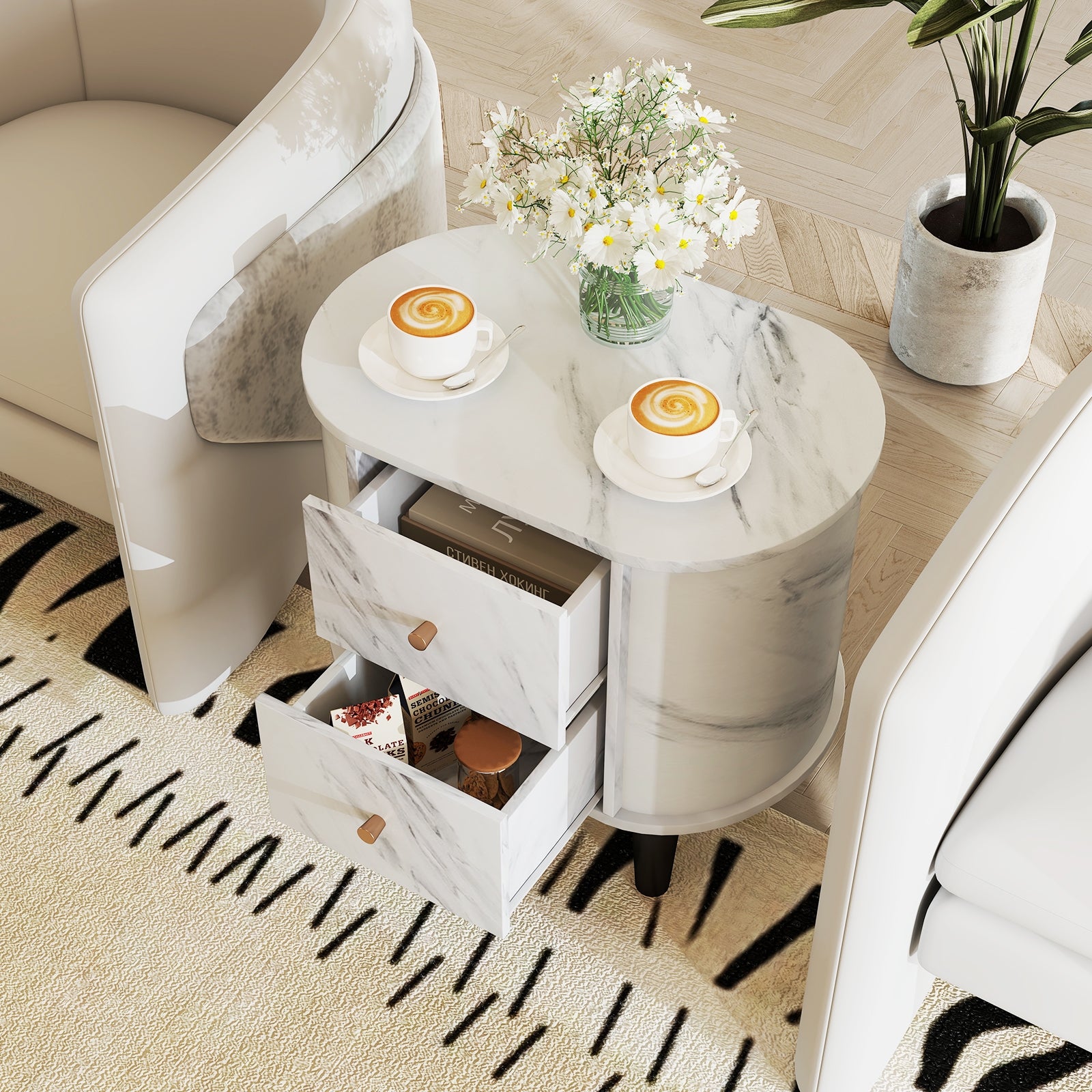 Modern Faux Marble Nightstand, 2 Drawers, White Nightstands at Gallery Canada
