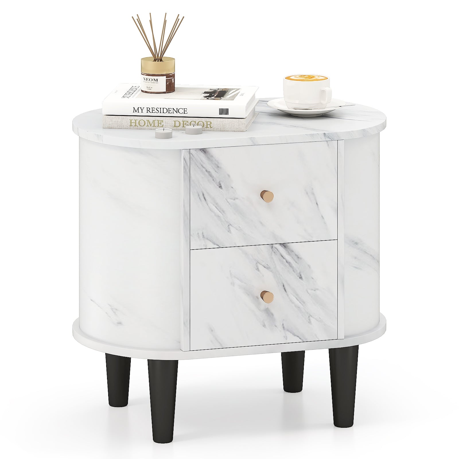 Modern Faux Marble Nightstand, 2 Drawers, White Nightstands at Gallery Canada