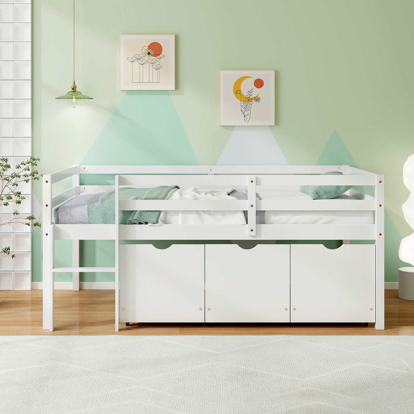Twin Size Low Loft Bed With 3 Drawers, Ladder, Guardrails, White Trundle Bed Frame at Gallery Canada