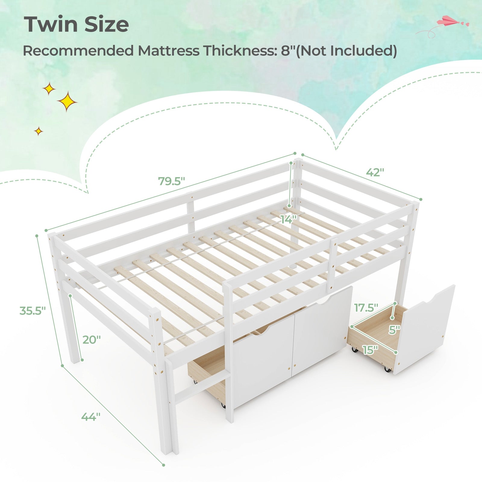 Twin Size Low Loft Bed With 3 Drawers, Ladder, Guardrails, White Trundle Bed Frame at Gallery Canada