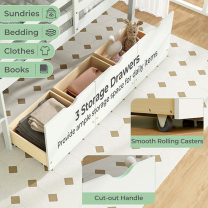 Twin Size Low Loft Bed With 3 Drawers, Ladder, Guardrails, White Trundle Bed Frame at Gallery Canada