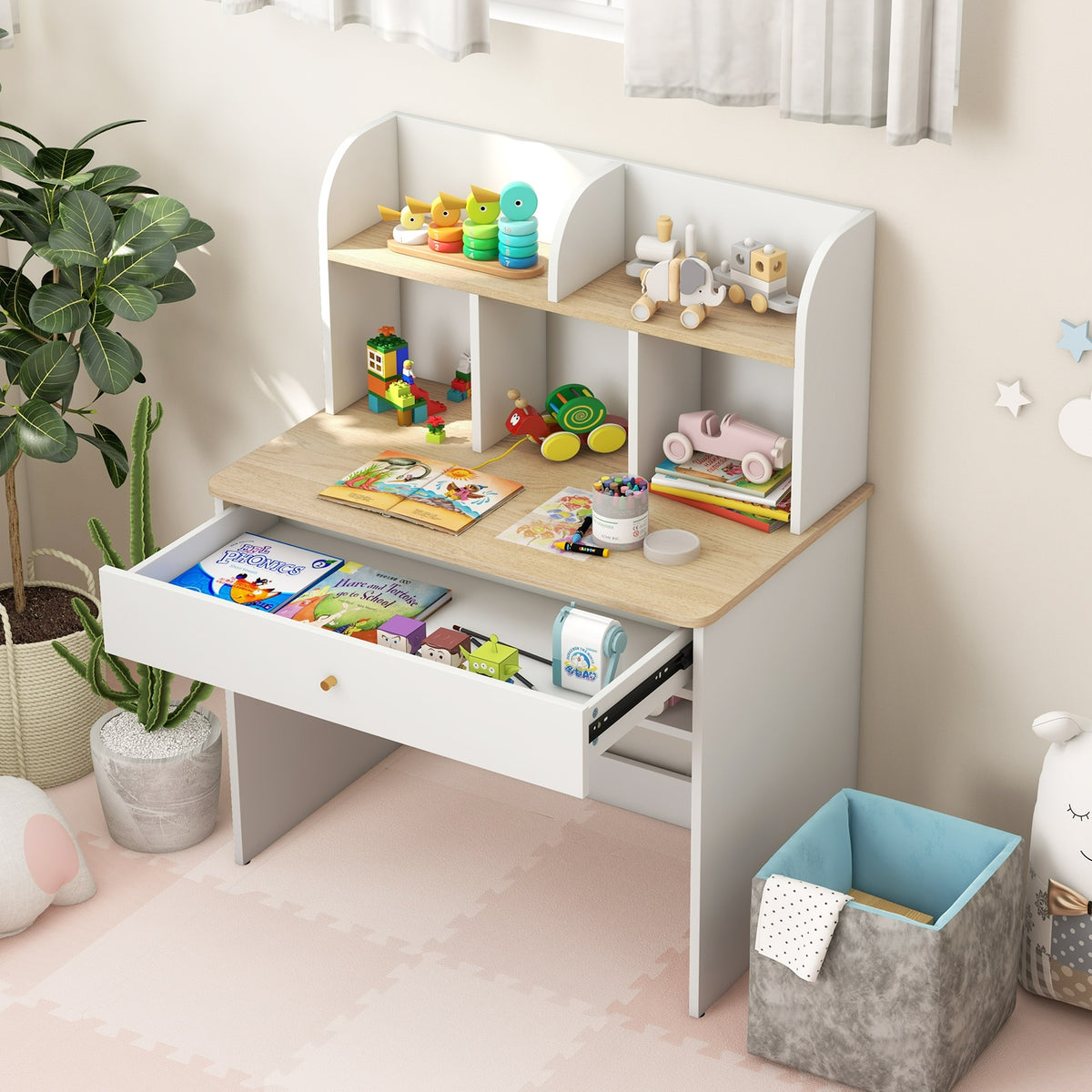 Kids Wooden Study Desk With Hutch, Drawer, White Kids Table & Chair Sets at Gallery Canada