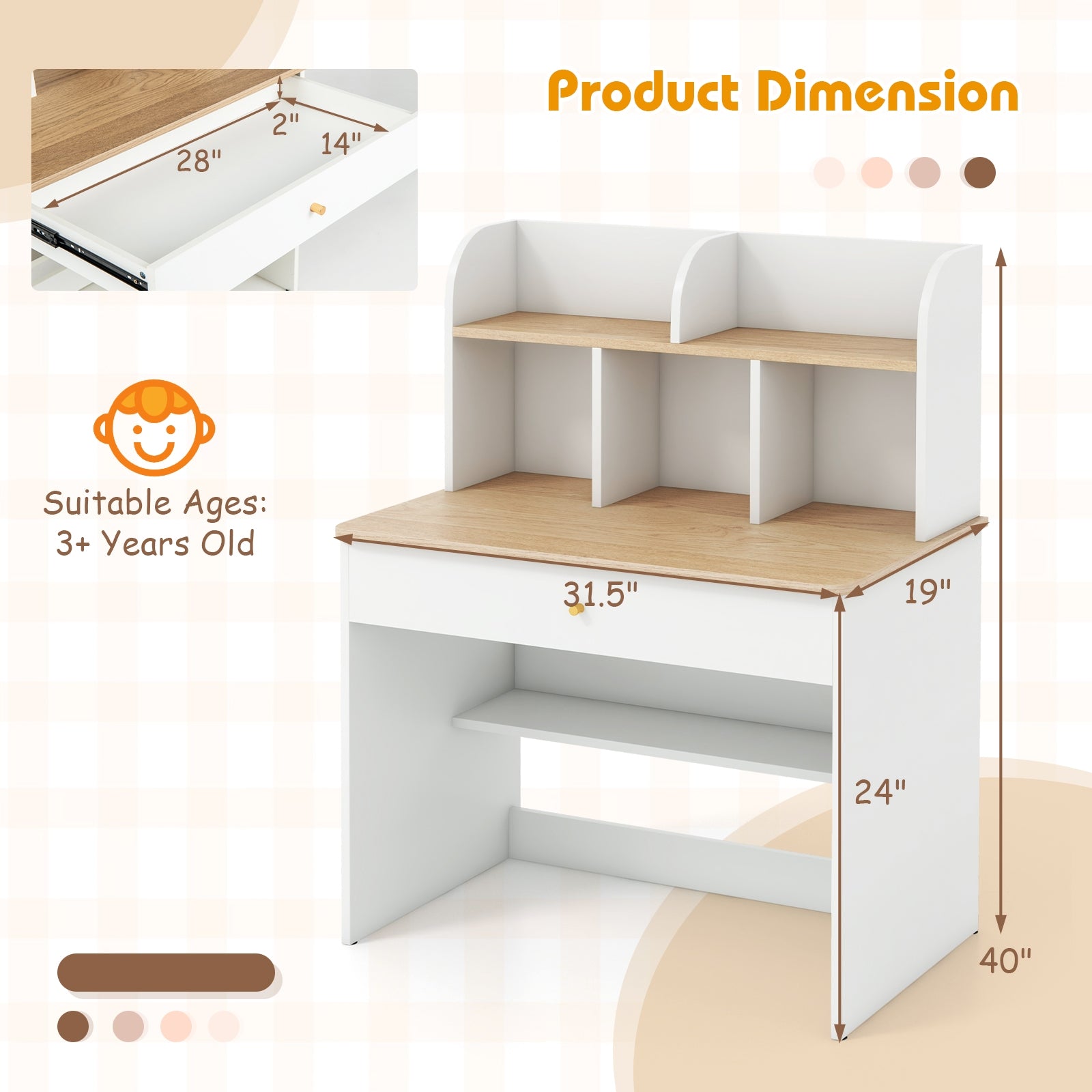 Kids Wooden Study Desk With Hutch, Drawer, White Kids Table & Chair Sets at Gallery Canada