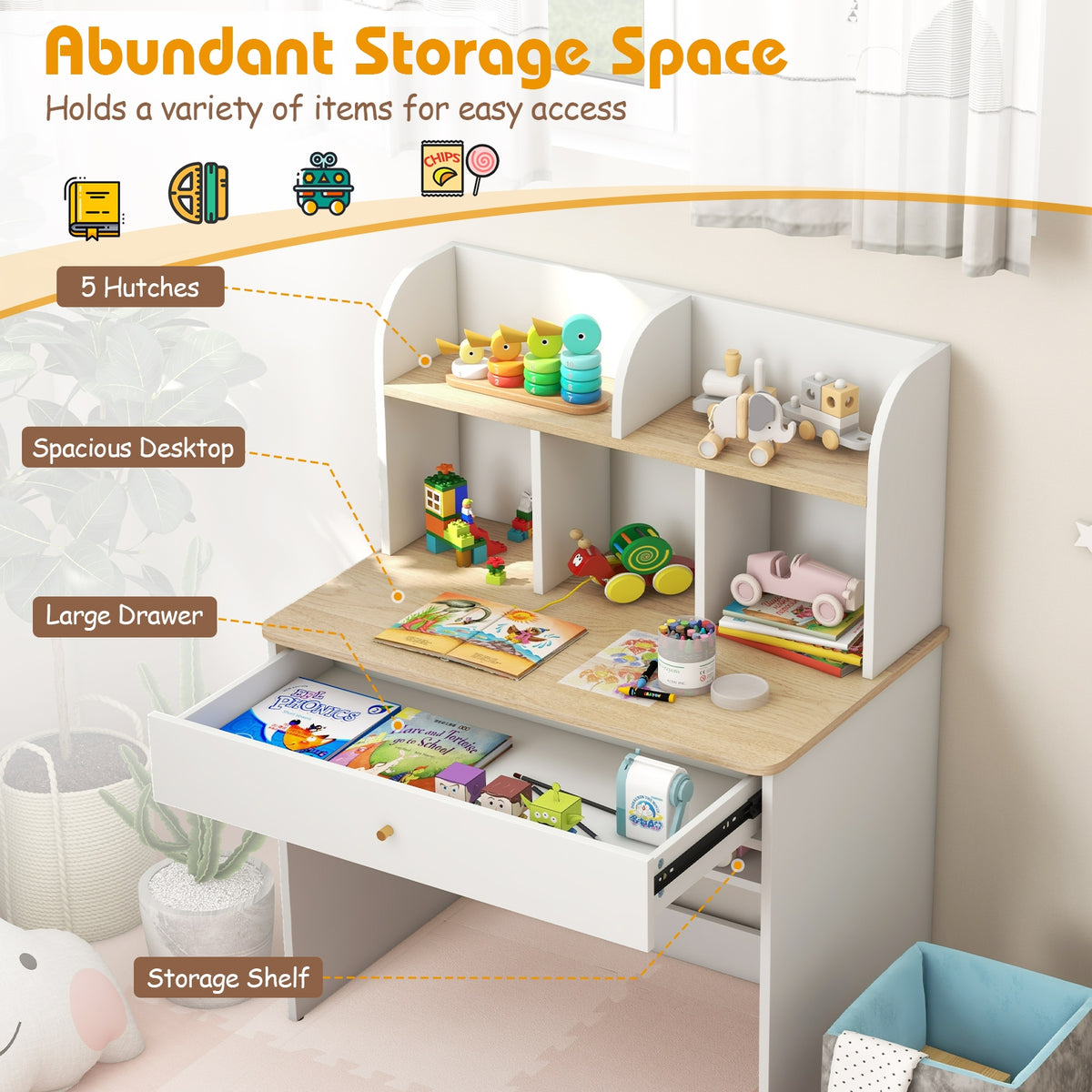 Kids Wooden Study Desk With Hutch, Drawer, White Kids Table & Chair Sets at Gallery Canada