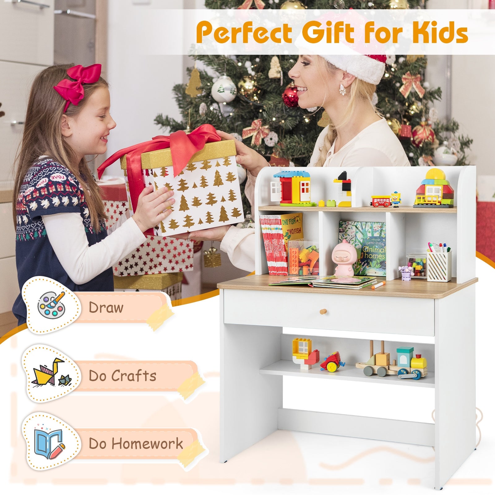 Kids Wooden Study Desk With Hutch, Drawer, White Kids Table & Chair Sets at Gallery Canada