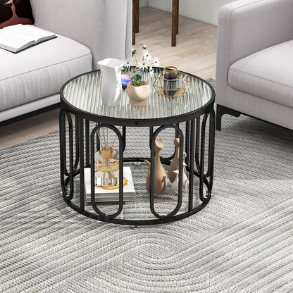 24 Inch Round Coffee Table, Reeded Tempered Glass Top, Oval Swivel Brackets, Black Coffee Tables at Gallery Canada