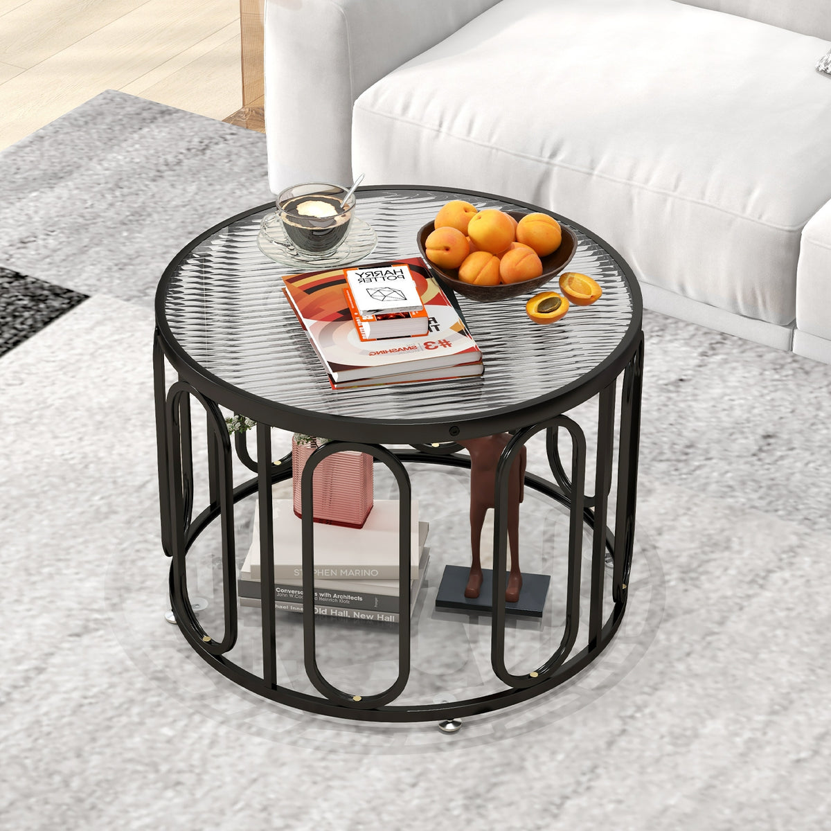 24 Inch Round Coffee Table, Reeded Tempered Glass Top, Oval Swivel Brackets, Black Coffee Tables at Gallery Canada