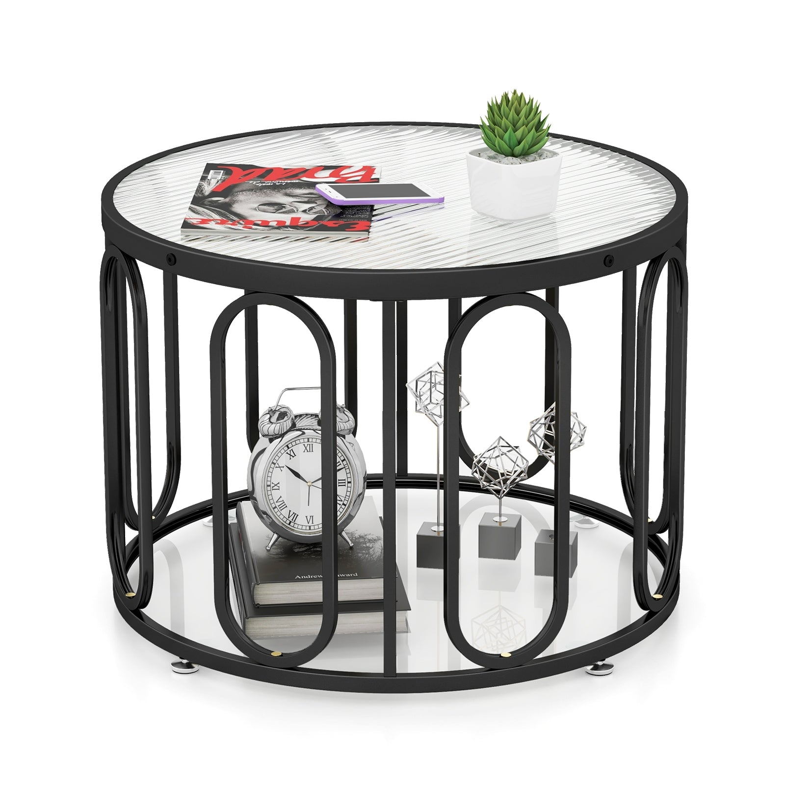 24 Inch Round Coffee Table, Reeded Tempered Glass Top, Oval Swivel Brackets, Black Coffee Tables at Gallery Canada