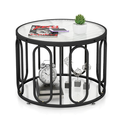 24 Inch Round Coffee Table, Reeded Tempered Glass Top, Oval Swivel Brackets, Black Coffee Tables at Gallery Canada