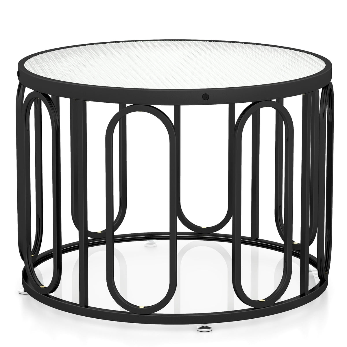 24 Inch Round Coffee Table, Reeded Tempered Glass Top, Oval Swivel Brackets, Black Coffee Tables at Gallery Canada