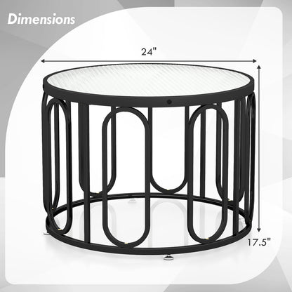 24 Inch Round Coffee Table, Reeded Tempered Glass Top, Oval Swivel Brackets, Black Coffee Tables at Gallery Canada
