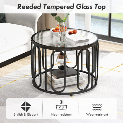 24 Inch Round Coffee Table, Reeded Tempered Glass Top, Oval Swivel Brackets, Black Coffee Tables at Gallery Canada