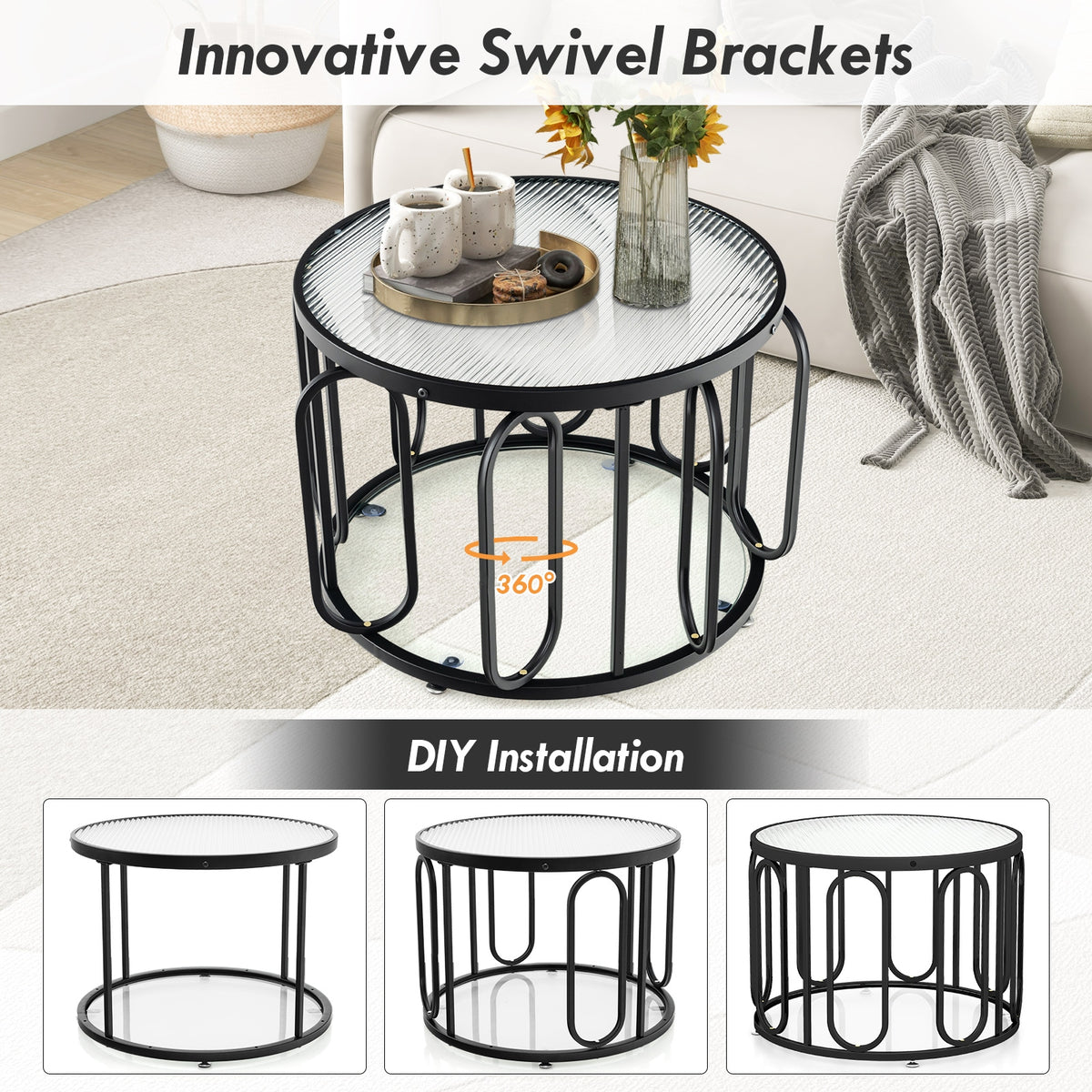 24 Inch Round Coffee Table, Reeded Tempered Glass Top, Oval Swivel Brackets, Black Coffee Tables at Gallery Canada