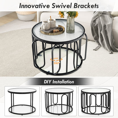 24 Inch Round Coffee Table, Reeded Tempered Glass Top, Oval Swivel Brackets, Black Coffee Tables at Gallery Canada