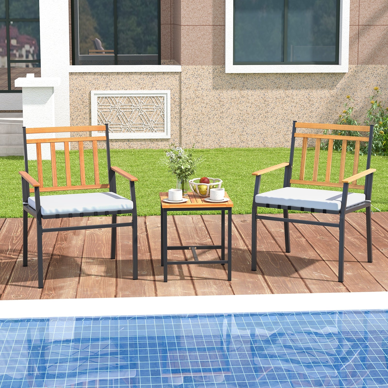 3-Piece Acacia Wood Patio Conversation Set, White Patio Conversation Sets at Gallery Canada