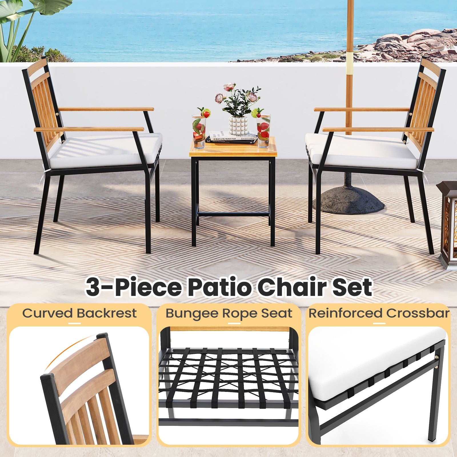 3-Piece Acacia Wood Patio Conversation Set, White Patio Conversation Sets at Gallery Canada