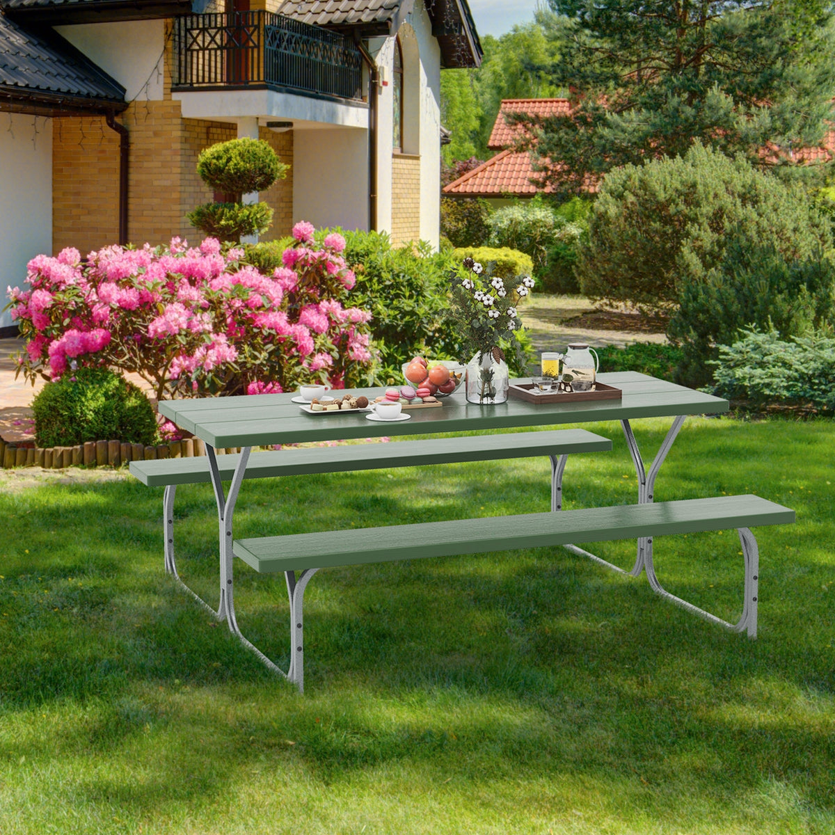6 FT Picnic Table Bench Set, Metal Frame, HDPE Tabletop, Green Picnic Tables at Gallery Canada