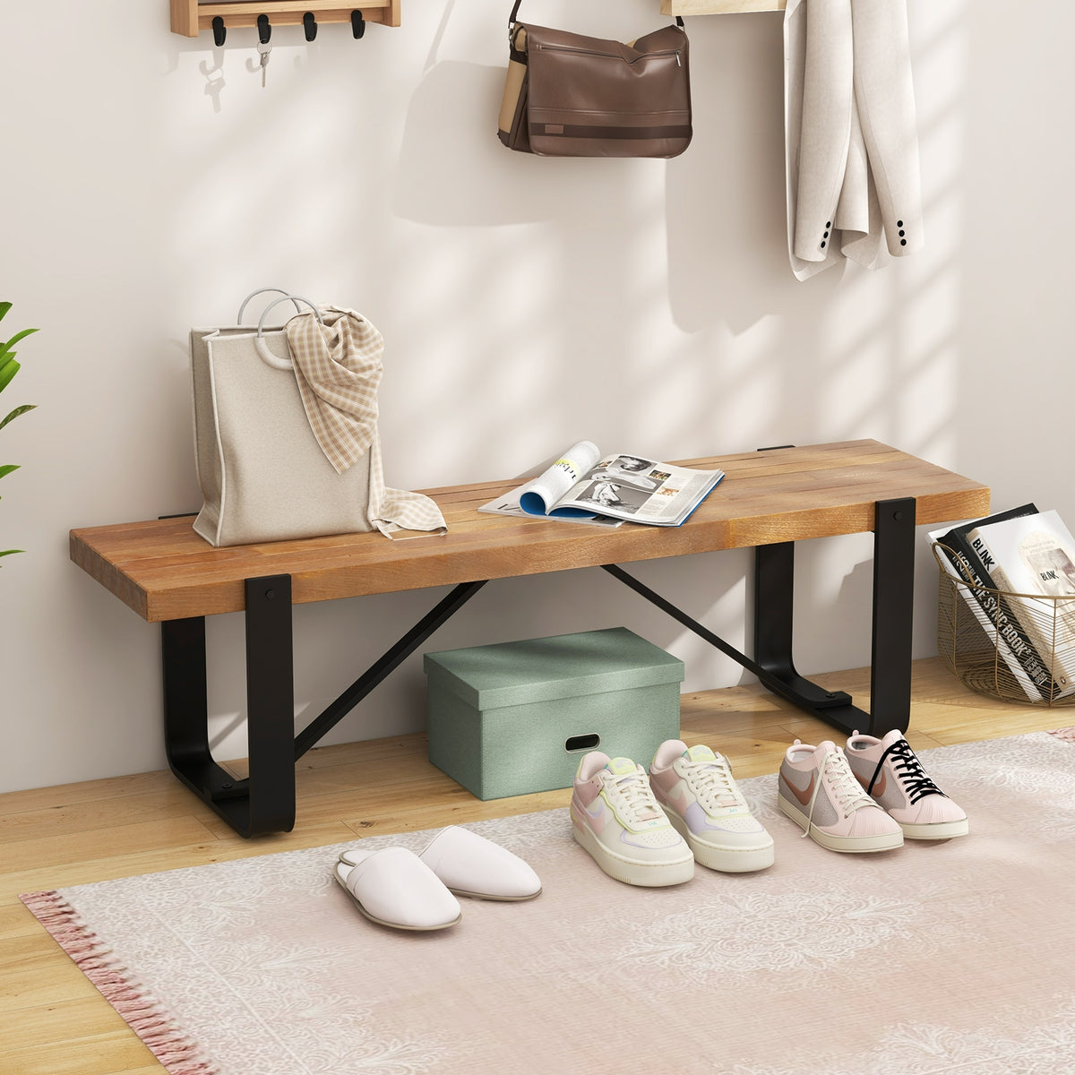 60 Inch Entryway Bench, Rustic Farmhouse Wooden Shoe Rack, Natural Shoe Racks & Storage Benches at Gallery Canada