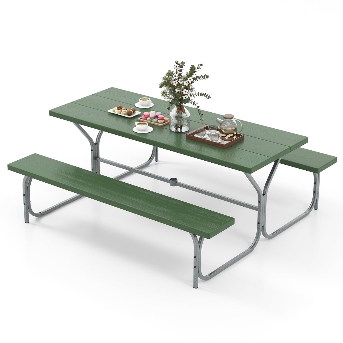 6 FT Picnic Table Bench Set, Metal Frame, HDPE Tabletop, Green Picnic Tables Green at Gallery Canada