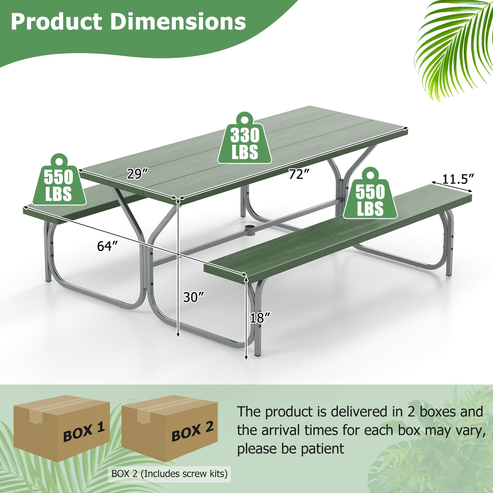 6 FT Picnic Table Bench Set, Metal Frame, HDPE Tabletop, Green Picnic Tables at Gallery Canada