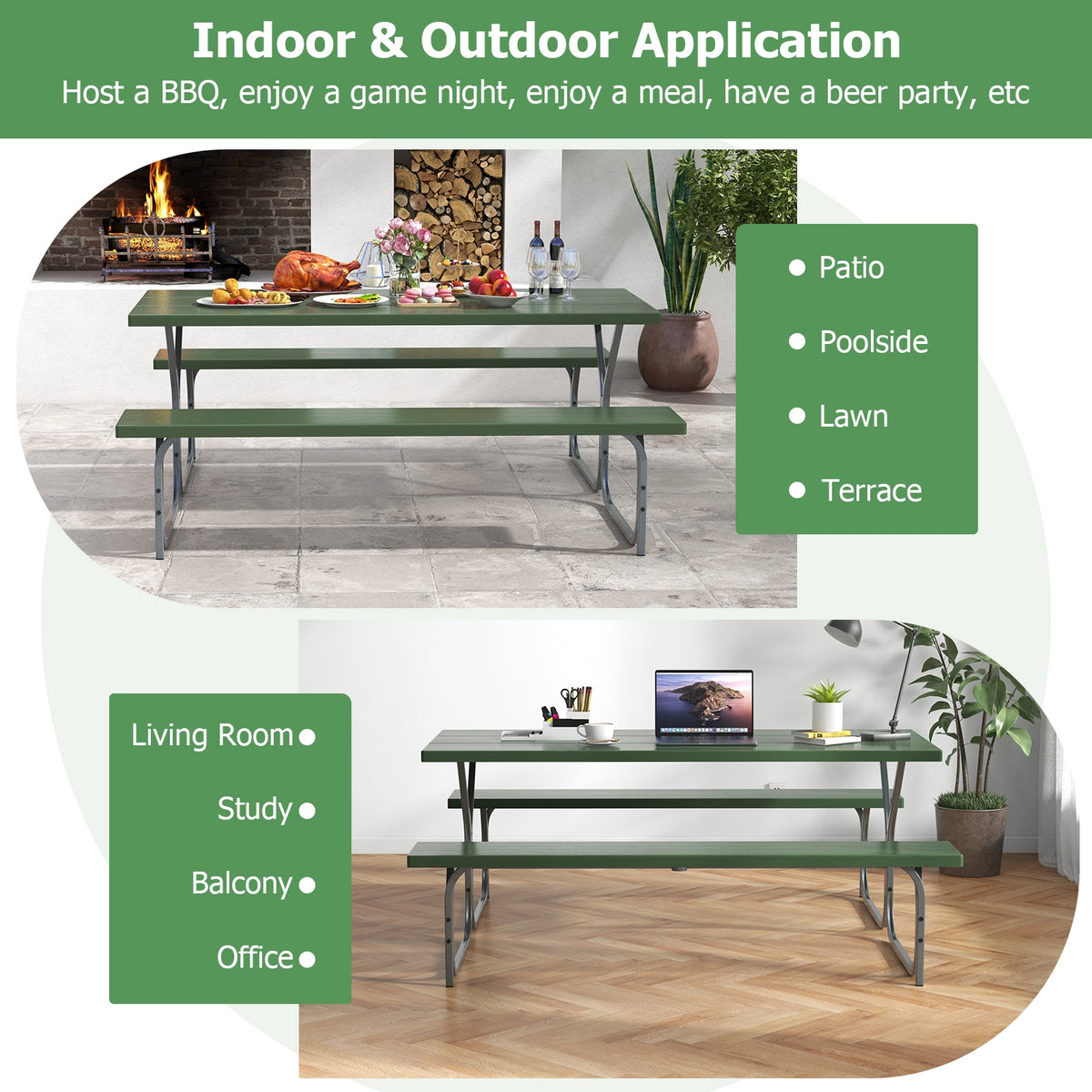 6 FT Picnic Table Bench Set, Metal Frame, HDPE Tabletop, Green Picnic Tables at Gallery Canada