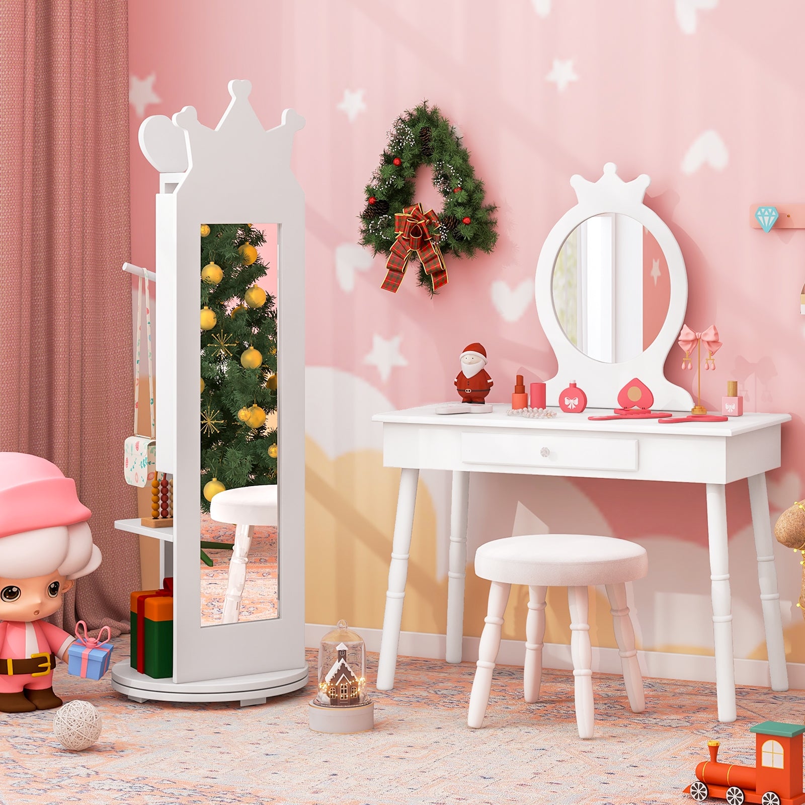 Kids Princess Vanity Table And Stool Set, With Mirror And Drawer, White Kids Vanities at Gallery Canada
