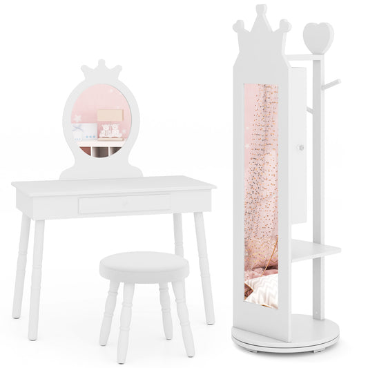 Kids Princess Vanity Table And Stool Set, With Mirror And Drawer, White Kids Vanities White at Gallery Canada